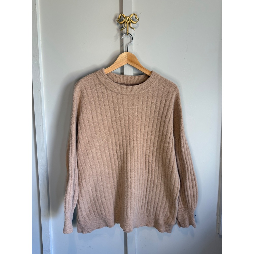 Aerie Ribbed Crewneck Sweater Tan Oatmeal Oversized Balloon Sleeve M R15N5HF